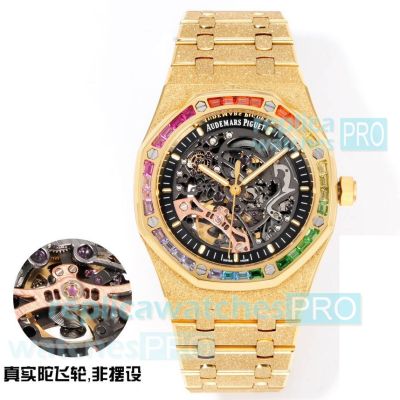 OMF Swiss Clone Frosted Gold Audemars Piguet Rainbow Oak Offshore Skeleton Gold Watch 